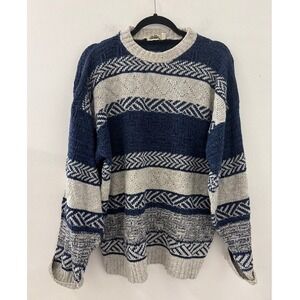 Vintage Timber Trail Mens Crew Neck Navy Striped Knit Fishermen Sweater Size M